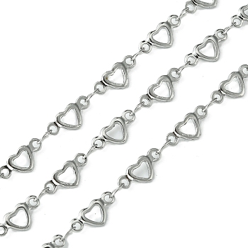 304 Stainless Steel Hollow Heart Link Chains, Unwelded, with Spool, Stainless Steel Color, 10x4.5x1.5mm, 4x2.5x0.5mm, about 32.81 Feet(10m)/Roll