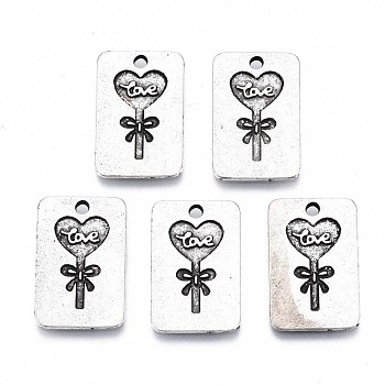 Tibetan Style Alloy Pendants, Cadmium Free & Lead Free, Rectangle with Heart, Antique Silver, 20x13x1.5mm, Hole: 1.6mm