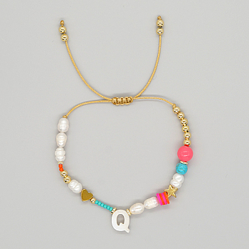 Initial Letter Natural Pearl Braided Bead Bracelet, Adjustable Bracelet, Letter Q, 11 inch(28cm)