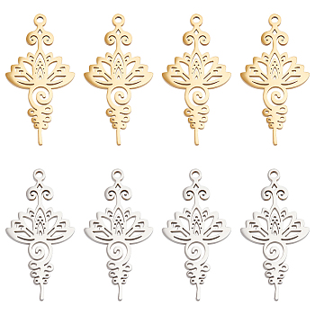 12Pcs 2 Colors 201 Stainless Steel Pendant,  Hollow Charms, Flower, Golden & Stainless Steel Color, 33.5x17x1.5mm, Hole: 1.5mm, 6pcs/color