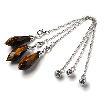Natural Tiger Eye Dowsing Pendulum Big Pendants, with Platinum Plated Brass Findings, Bullet Charm, Cadmium Free & Lead Free, 218~222mm