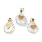 Natural Keshi Pearl Pendants, Teardrop Charms with 316 Stainless Steel Slices, Ion Plating(IP), Real 18K Gold Plated, Floral White, Heart, 15~18x10~12x6~7mm, Hole: 2.8mm(STAS-Z136-01G-04)