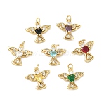Brass Micro Pave Cubic Zirconia Pendants, Angel Charms, Lead Free & Cadmium Free, Rack Plating, Long-Lasting Plated, Real 18K Gold Plated, Mixed Color, 13x14x3mm, Jump Ring: 4x0.8mm, 2.5mm Inner Diameter(KK-A291-03G)