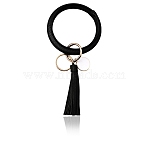 1Pc PU String Keychains, with Alloy Findings, Tassels, Golden, Black, Inner Diameter: 3-1/8 inch(7.95cm)(KEYC-CL0001-08B)