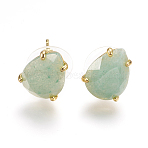 Natural Green Aventurine Stud Earrings, with Golden Tone Brass Findings, Faceted Teardrop, 13.5~14x10.5mm, Pin: 0.8mm(EJEW-L196-03E)