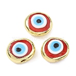 Handmade Evil Eye Lampwork Beads, Flat Round, with Brass, Rack Plating, Red, 20.5~21x16~17x9~12mm, Hole: 3.5~4mm(LAMP-D006-08G-07)