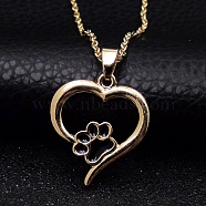Alloy Heart with Paw Print Pendant Necklace for Women, Golden, 21.65 inch(55cm)(ANIM-PW0001-025G)