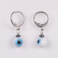 Lampwork Leverback Dangle Earrings, with 304 Stainless Steel Leverback Earring Findings and Non-Magnetic Synthetic Hematite Beads, Evil Eye, White, 27~28mm, Pin: 0.7x1mm(EJEW-JE03313-01)