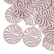 430 Stainless Steel Filigree Pendants, Spray Painted, Etched Metal Embellishments, Oval, Pink, 30x25x0.3mm, Hole: 1.2mm(STAS-T042-09E)