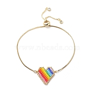 Rainbow Color Japanese Seed Braided Heart Link Slider Bracelet, Cubic Zirconia Tiny Charms Adjustable Bracelet with Brass Box Chains for Women, Colorful, Inner Diameter: 5/8~3 inch(1.5~7.6cm)(BJEW-MZ00002)