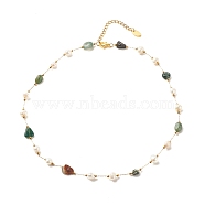 Natural Moss Agate & Pearl Beaded Necklace, Gold Plated Stainless Steel Jewelry for Women, 15.98~16.14 inch(40.6~41cm)(NJEW-JN03894-01)