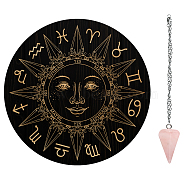 AHADEMAKER 1Pc Wood Pendulum Board, 1Pc 304 Stainless Steel Cable Chain Necklaces, 1Pc Natural Rose Quartz Stone Pendants, for Witchcraft Wiccan Altar Supplies, Sun Pattern, Board: 200x4mm(DIY-GA0005-13E)