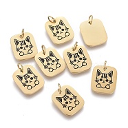 316 Surgical Stainless Steel Charms, with Jump Rings and Enamel, Rrectangle & Cat, Black, Golden, 12x10x0.8mm, Hole: 2.8mm(X-STAS-I164-017G)