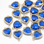Glass Links connectors, with Golden Tone Brass Findings, Faceted, Heart, Blue, 15x10x3mm, Hole: 1mm(GLAA-Q068-09A-05)