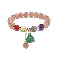 Natural & Synthetic Mixed Gemstone Round Beaded Stretch Bracelet with Glass Lotus Seedpod Charms for Women, Dark Salmon, Inner Diameter: 2 inch(5.1cm)(BJEW-JB09027)