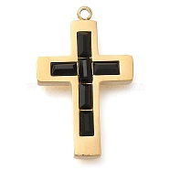 304 Stainless Steel Rhinestone Charms, Cross Charm, Real 14K Gold Plated, Jet, 24.5x15x3mm, Hole: 1.2mm(STAS-P369-14G-02)