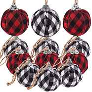 12Pcs 2 Colors Foam and Plastic with Cloth Ball Christmas Tree Decorations, with Hemp Rope, Round with Plaid Pattern, Mixed Color, 59x48mm, Hole: 2.5mm, Hemp Rope: 220x0.5mm, 6pcs/color(DIY-SZ0003-81)