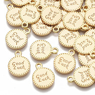 Brass Charms, Nickel Free, Flat Round with Word Good Luck, Real 18K Gold Plated, 13.5x10.5x1.5mm, Hole: 1.5mm(KK-T055-010G-NF)