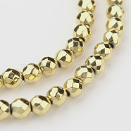 Eco-Friendly Long-Lasting Plated Non-magnetic Synthetic Hematite Smooth Beads Strands, Faceted Round, Golden Plated, 4mm, Hole: 1mm, about 100pcs/strand, 15.5 inch(G-I175-34-4mm-G)