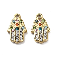 Ion Plating(IP) 304 Stainless Steel Charms, with Colorful Rhinestone, Hamsa Hand with Eye Charm, Real 18K Gold Plated, 12x7x2mm, Hole: 1.2mm(STAS-Q254-08G)