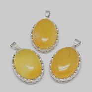 Natural Yellow Agate Pendants, with Brass Findings, Oval, Dyed, Platinum, 30x21x10~11mm, Hole: 6x4mm(G-D851-11)