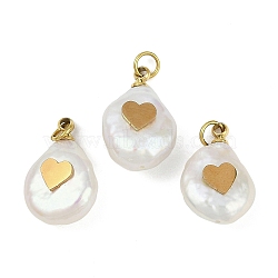 Natural Keshi Pearl Pendants, Teardrop Charms with 316 Stainless Steel Slices, Ion Plating(IP), Real 18K Gold Plated, Floral White, Heart, 15~18x10~12x6~7mm, Hole: 2.8mm(STAS-Z136-01G-04)