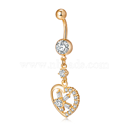 Piercing Jewelry, Brass Cubic Zirconia Navel Ring, Belly Rings, with Surgical Stainless Steel Bar, Cadmium Free & Lead Free, Real 18K Gold Plated, Heart, White, 48x16mm, Bar: 15 Gauge(1.5mm), Bar Length: 3/8"(10mm)(AJEW-EE0003-22)