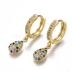 Brass Micro Pave Cubic Zirconia(Random Mixed Color) Dangle Hoop Earrings, teardrop, Golden, 28.5mm, Pin: 1.2mm(EJEW-S201-67)