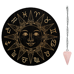 AHADEMAKER 1Pc Wood Pendulum Board, 1Pc 304 Stainless Steel Cable Chain Necklaces, 1Pc Natural Rose Quartz Stone Pendants, for Witchcraft Wiccan Altar Supplies, Sun Pattern, Board: 200x4mm(DIY-GA0005-13E)