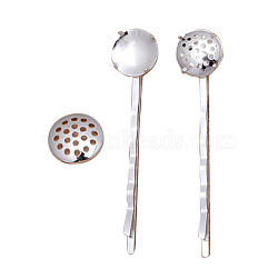 Iron Hair Bobby Pin Findings, with Flat Round Brass Cabochon Settings, Silver, 55x2mm, Flat Round: 12mm(OHAR-PW0003-161S)