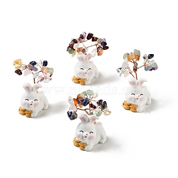 Natural Gemstone Tree Display Decorations, Resin Rabbit Base Feng Shui Ornament for Wealth, Luck, Rose Gold, 26x42~49x62~64mm(DJEW-E007-01RC-01)