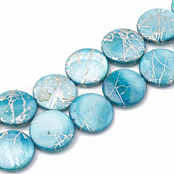 Natural Freshwater Shell Beads Strands, Dyed with Drawbench, Flat Round, Turquoise, 14~14.5x2~3mm, Hole: 0.8mm, about 29~30pcs/strand,14.9 inch(X-SHEL-N020-2-02C)
