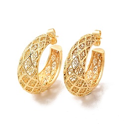 Rack Plating Brass Hollow Out Round Stud Earrings, Half Hoop Earrings for Women, Lead Free & Cadmium Free, Real 18K Gold Plated, 33x13mm, Pin: 0.8mm(EJEW-F308-01G)