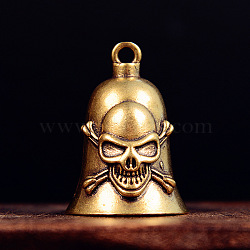 Skull Cross Brass Mini Altar Bells for Witchcraft Wiccan Altar Supplies, Vintage Jewelry, Golden, 33x25mm(PW-WGB1A40-01)