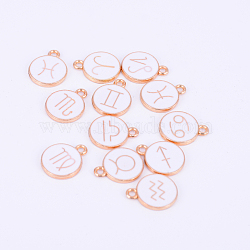 Alloy Enamel Pendants, Flat Round with Twelve Constellation, Light Gold, White, 15x12x2mm, Hole: 1.5mm, 12pcs/bag(ENAM-WH0047-50G-A)