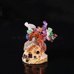 Natural Mixed Stone Chips Tree Decorations, Resin House Base with Copper Wire Feng Shui Energy Stone Gift for Home Office Desktop Ornament, 40x60mm(PW-WG17726-01)