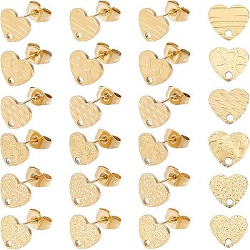 24Pcs 6 Style Heart Shape PVD Vacuum Plating 304 Stainless Steel Stud Earring Findings, with Ear Nuts/Earring Backs and Hole, Golden, 4pcs/style