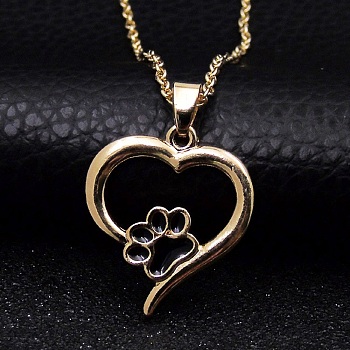 Alloy Heart with Paw Print Pendant Necklace for Women, Golden, 21.65 inch(55cm)
