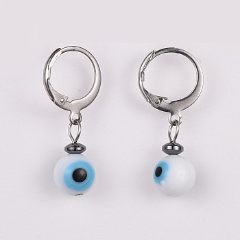 Lampwork Leverback Dangle Earrings, with 304 Stainless Steel Leverback Earring Findings and Non-Magnetic Synthetic Hematite Beads, Evil Eye, White, 27~28mm, Pin: 0.7x1mm
