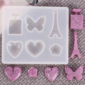 Pendant Silicone Molds, Resin Casting Molds, For UV Resin, Epoxy Resin Jewelry Making, Heart & Flower & Butterfly & Tower & Bottle, White, 78x88x8mm, Hole: 1.5mm, Inner Size: 13~32mm