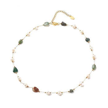 Natural Moss Agate & Pearl Beaded Necklace, Gold Plated Stainless Steel Jewelry for Women, 15.98~16.14 inch(40.6~41cm)