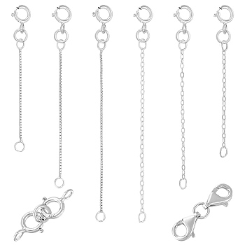 925 Sterling Silver Ends with Chain, with  Spring Ring Clasps and  Lobster Claw Clasps, Mixed Color, 15~60mm, 8pcs/set