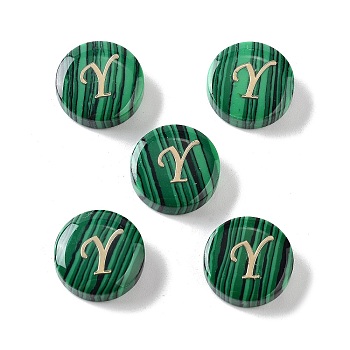 Synthetic Malachite Beads, with Golden Tone Brass Slices, Flat Round with Letter, Letter Y, 15x5mm, Hole: 1.4mm