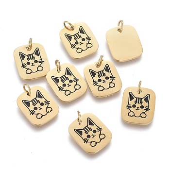 316 Surgical Stainless Steel Charms, with Jump Rings and Enamel, Rrectangle & Cat, Black, Golden, 12x10x0.8mm, Hole: 2.8mm