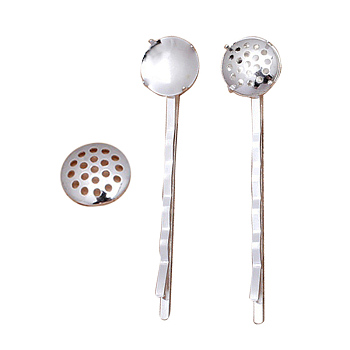 Iron Hair Bobby Pin Findings, with Flat Round Brass Cabochon Settings, Silver, 55x2mm, Flat Round: 12mm