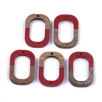 Resin & Walnut Wood Pendants, Oval, FireBrick, 28x19.5x4mm, Hole: 1.5mm