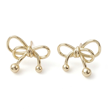 Bowknot Brass Stud Earrings, Long-Lasting Plated, Lead Free & Cadmium Free, Real 18K Gold Plated, 17x19.5mm
