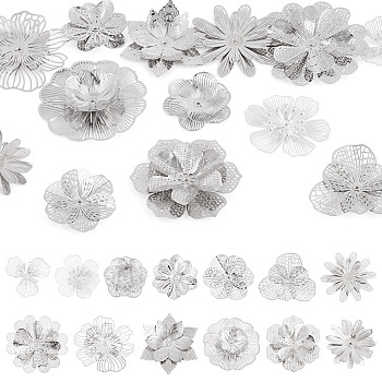 13Pcs 13 Styles Brass Bead Caps, Flower, Platinum, 23~40x23.5~41.5x4`7mm, Hole: 0.8~1mm