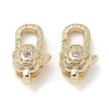 Brass Micro Pave Clear Cubic Zirconia Lobster Claw Clasps, Flower, Real 18K Gold Plated, 11.5x6.5x5mm, Hole: 2.5mm