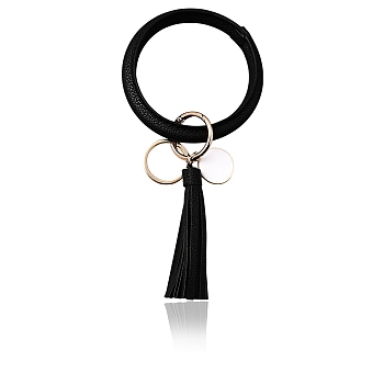 1Pc PU String Keychains, with Alloy Findings, Tassels, Golden, Black, Inner Diameter: 3-1/8 inch(7.95cm)